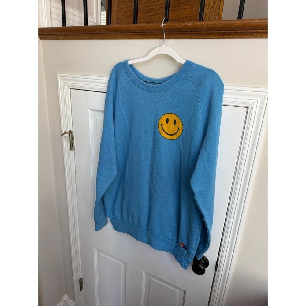 Aviator Nation ocean blue sweatshirt yellow smiley face graphic women's xxl
